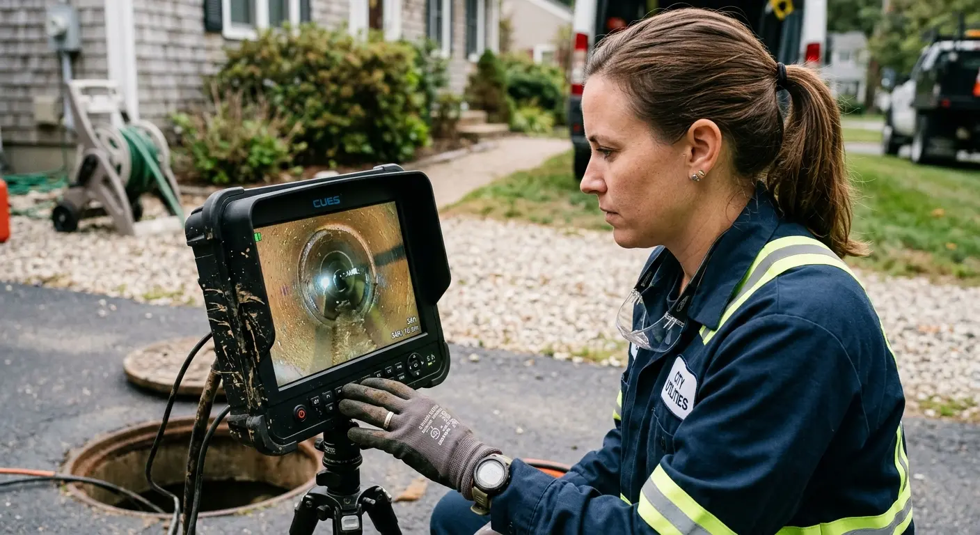 Technician reviewing sewer camera inspection footage in Jonesboro