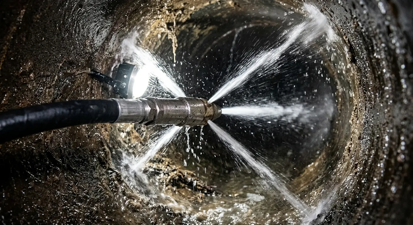 High-pressure hydro jetting nozzle cleaning sewer pipe for Emergency Drain Service in Jonesboro