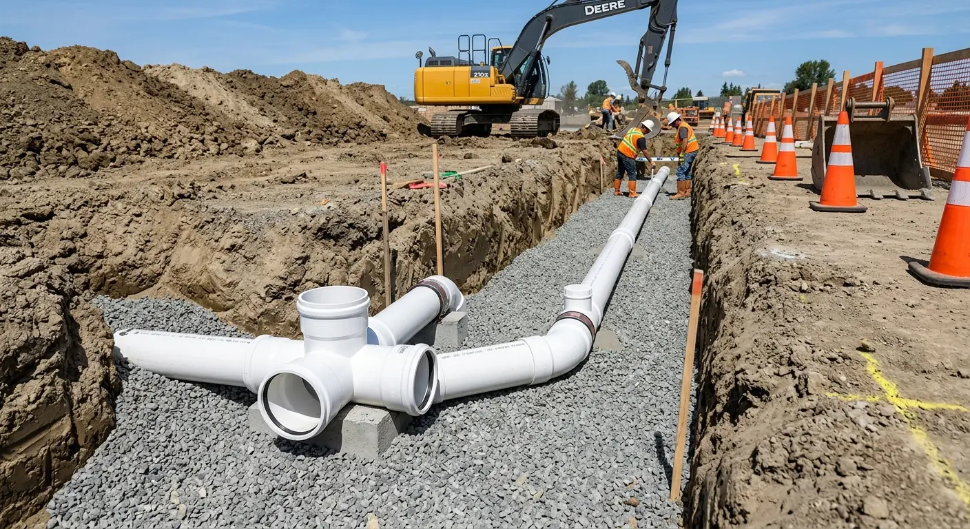 New PVC sewer pipe installation in open trench for Sewer Backup in Jonesboro