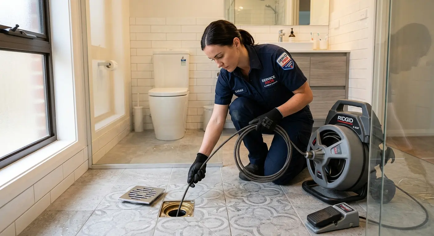 Technician clearing a bathroom floor drain for Sewer Line Installation in Jonesboro